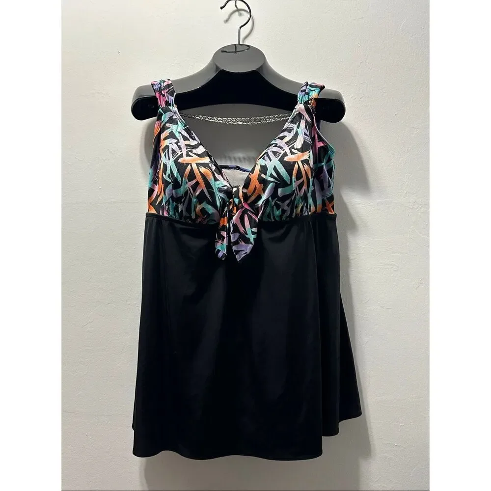 Longitude Size 22 Black Abstract Tie Front Skirted One Piece Swimsuit